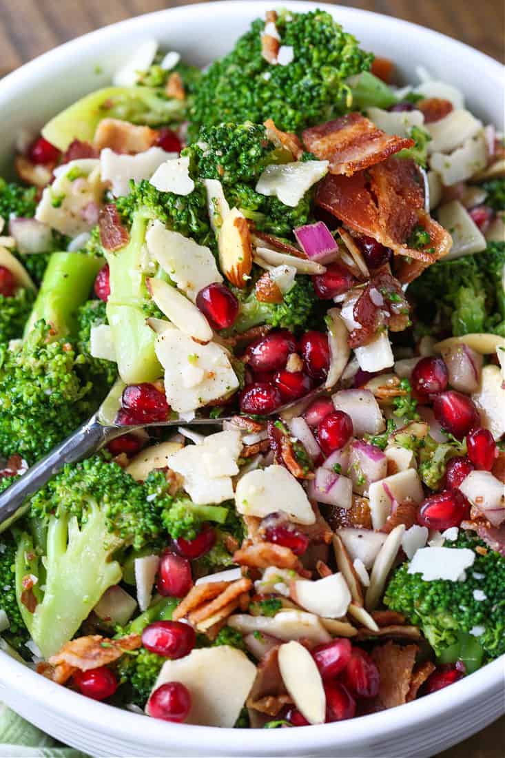 Broccoli Salad in a bowl with serving spoon