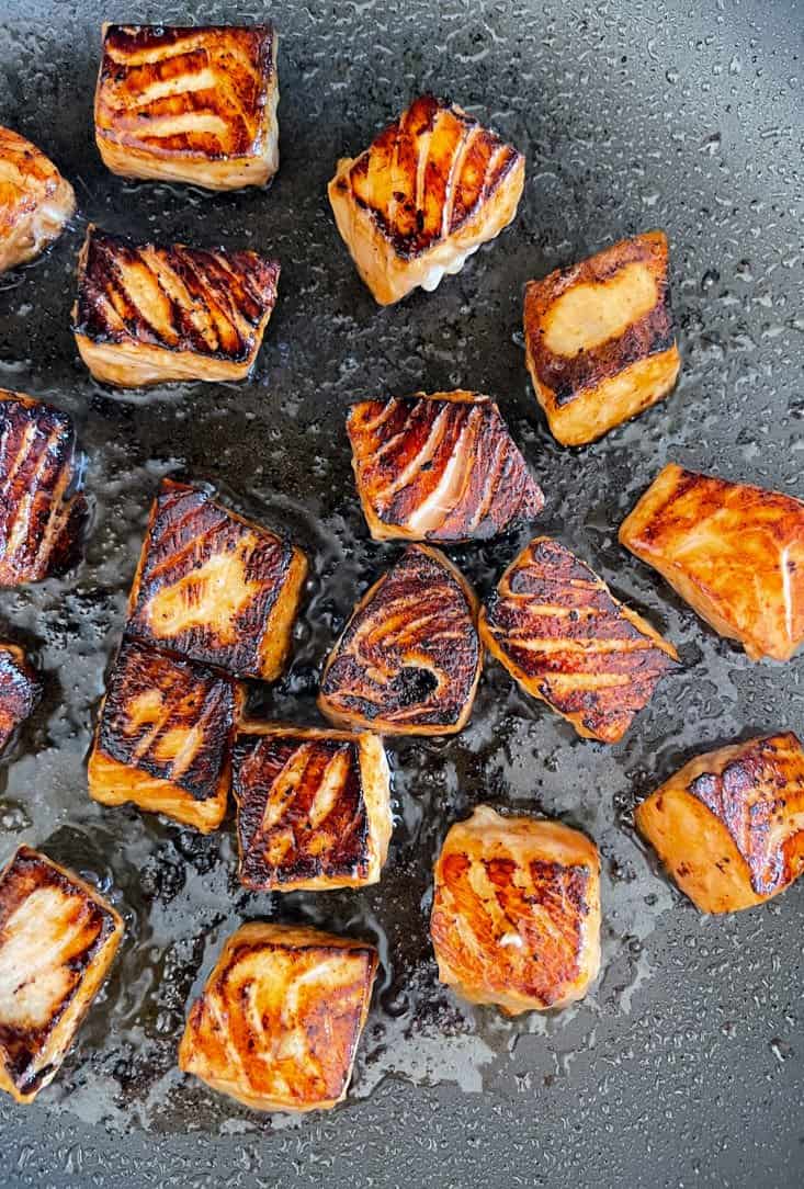 Seared cubes of salmon for salmon bites recipe