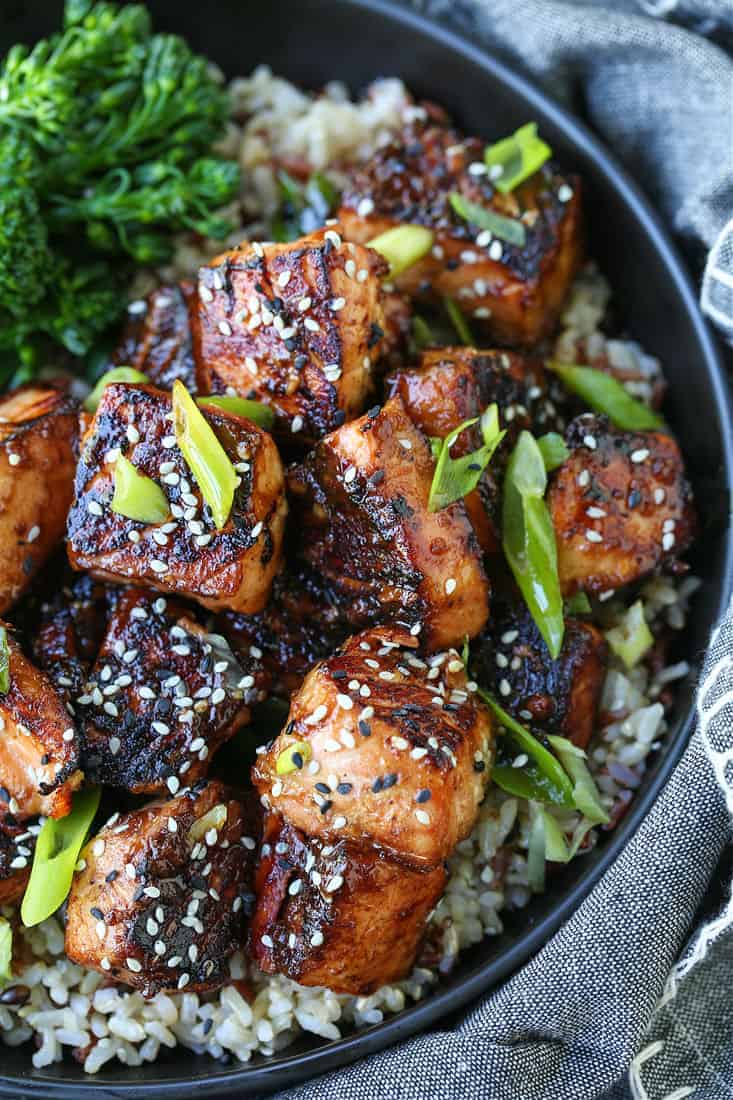 Salmon bites with teriyaki glaze in a bowl