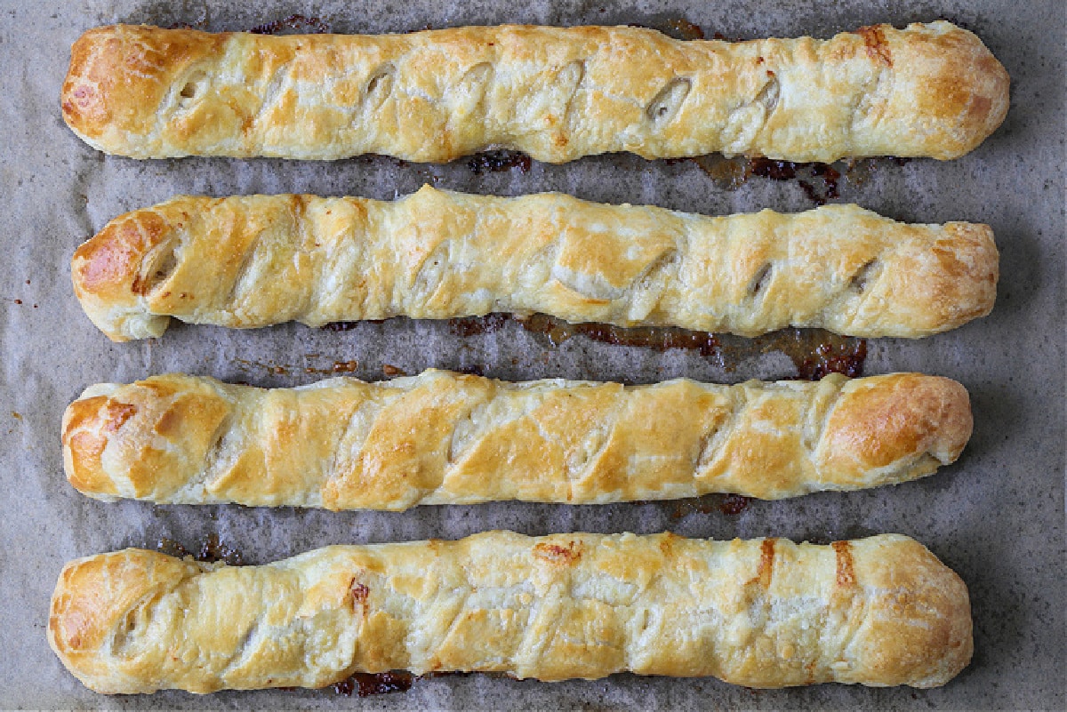 baked puff pastry filled with sausage and cheese