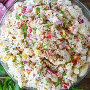 Tuna Pasta Salad in a glass bowl with parsley