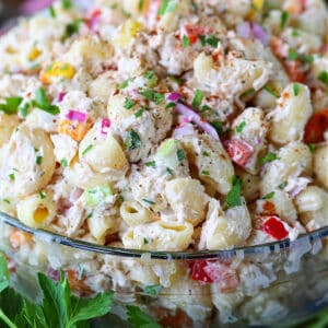 Tuna pasta salad in a large serving bowl