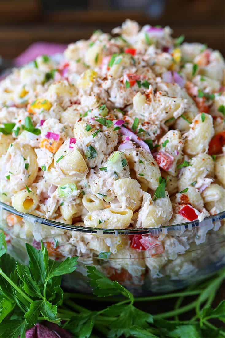 Tuna pasta salad in a large serving bowl