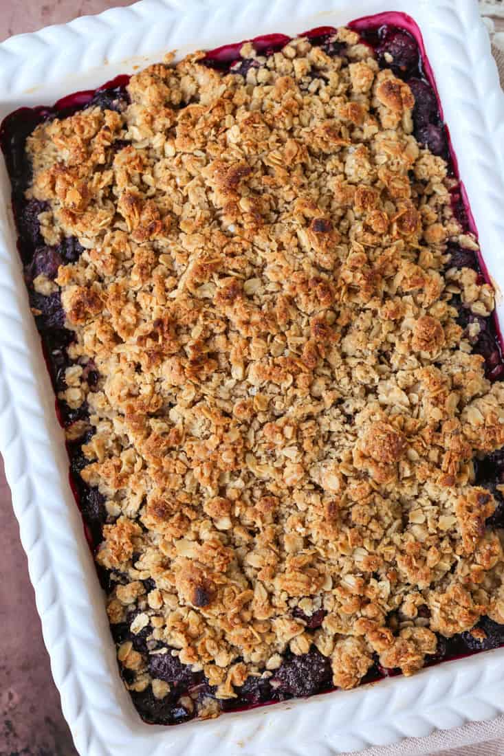 blackberry crisp recipe in a baking dish after cooking