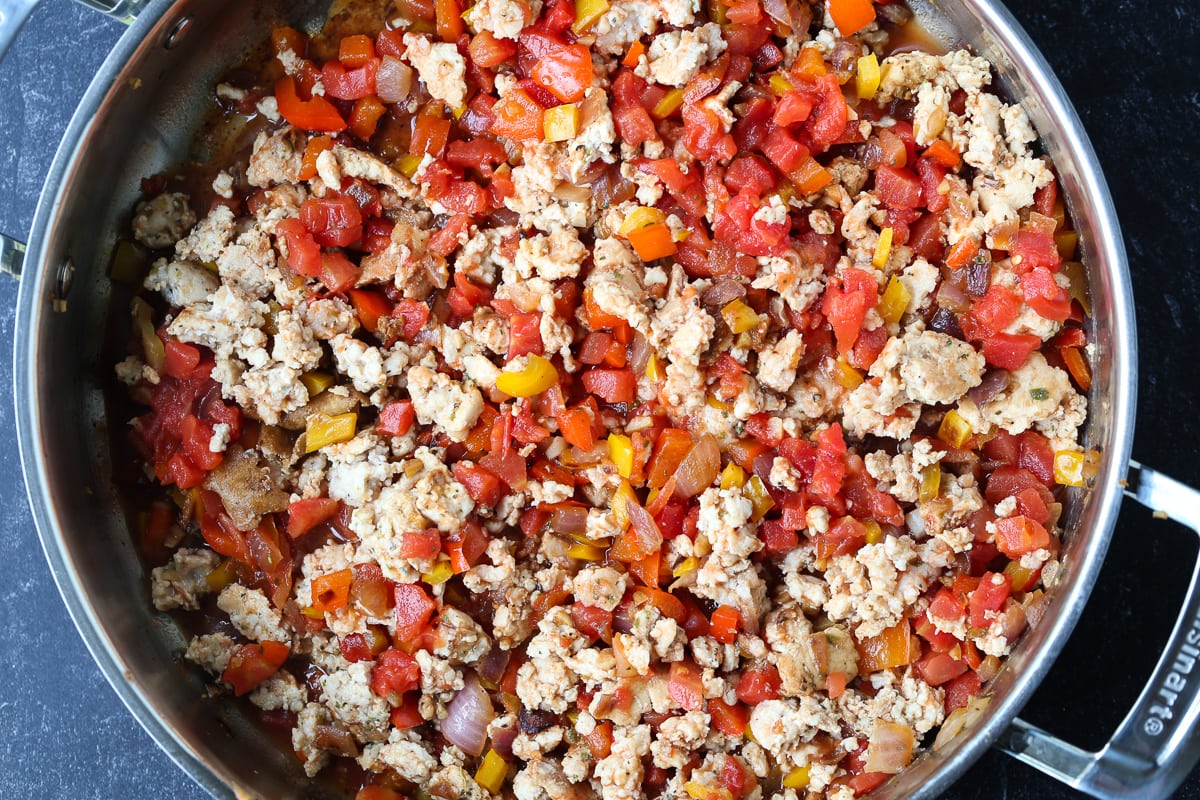 ground turkey and vegetables in a skillet