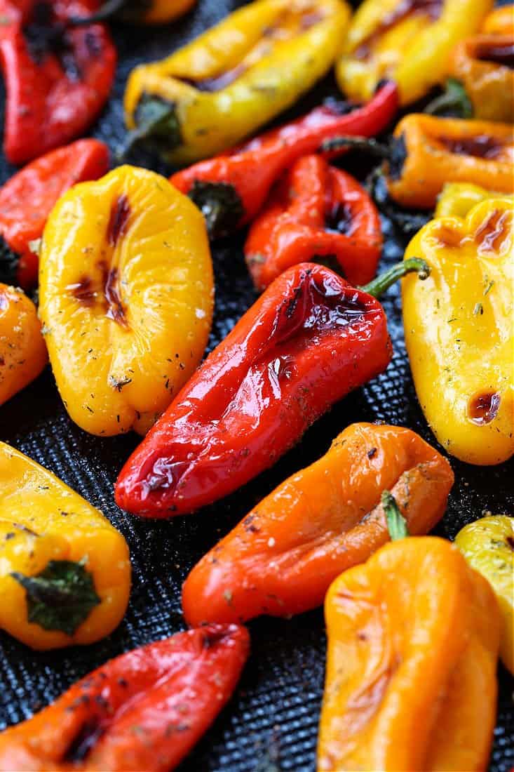 mini roasted peppers on a sheet pan