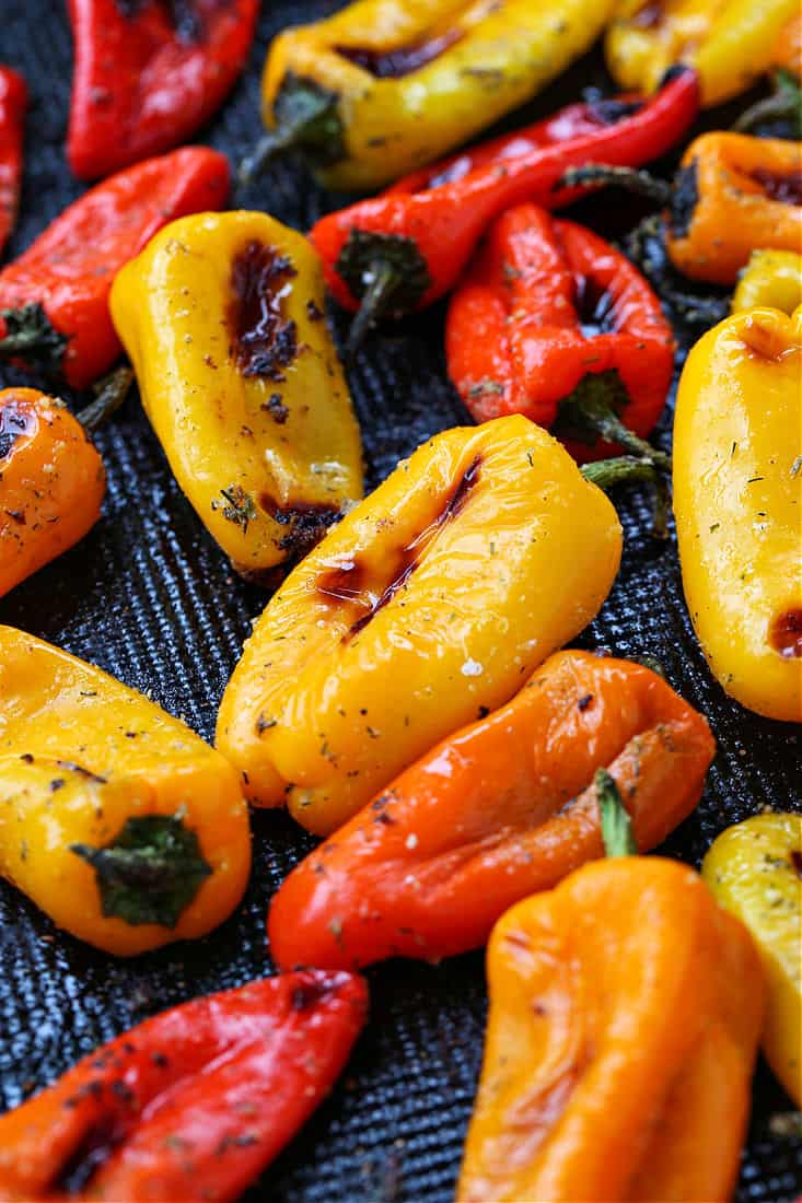 roasted peppers on a baking sheet