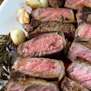 new york strip steak sliced on a platter