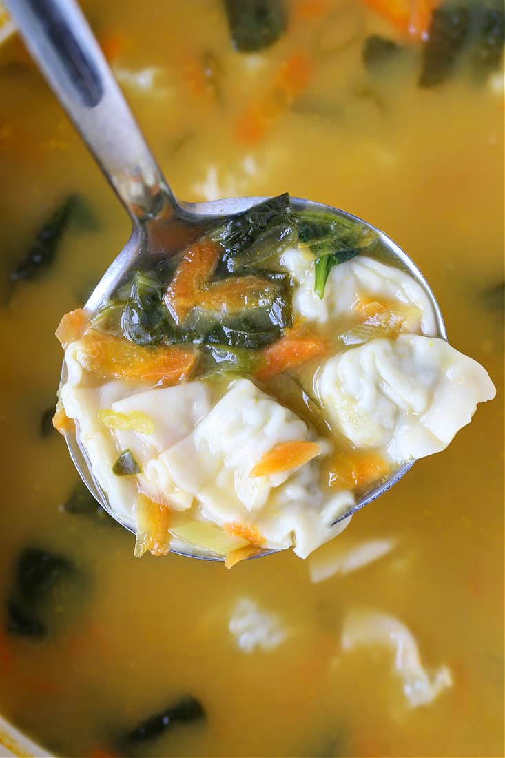 A ladle with wonton soup inside