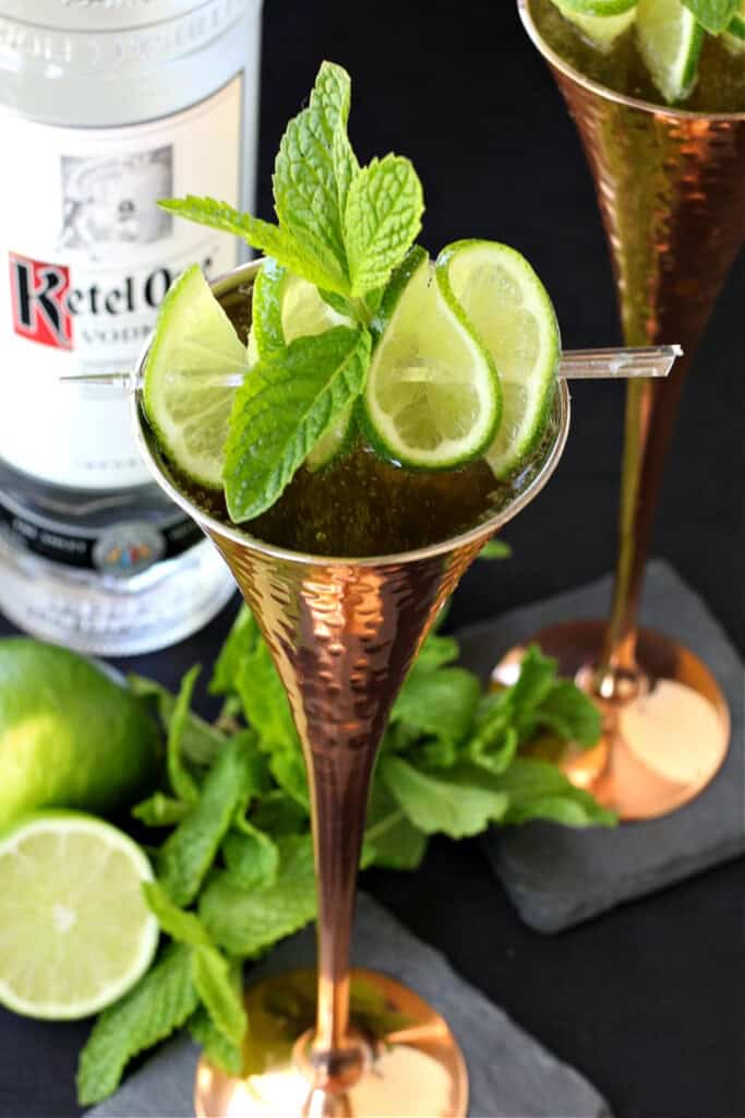 a moscow mule with champagne in cooper glass
