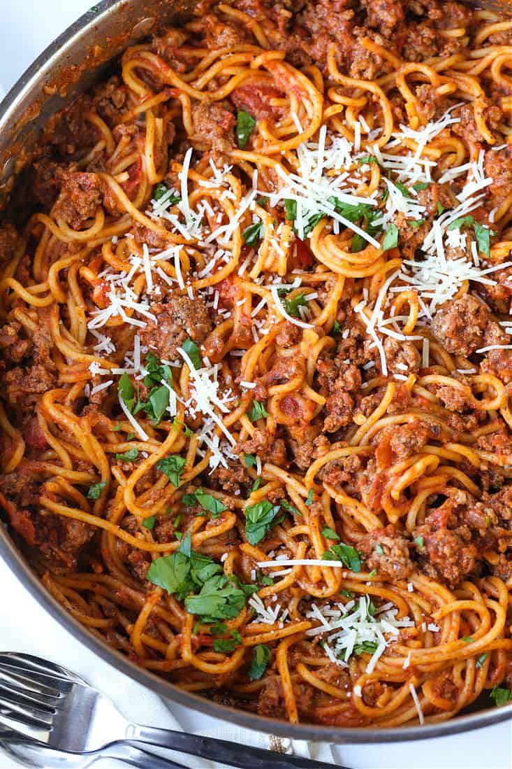 one pot spaghetti recipe with fork and spoon on the side