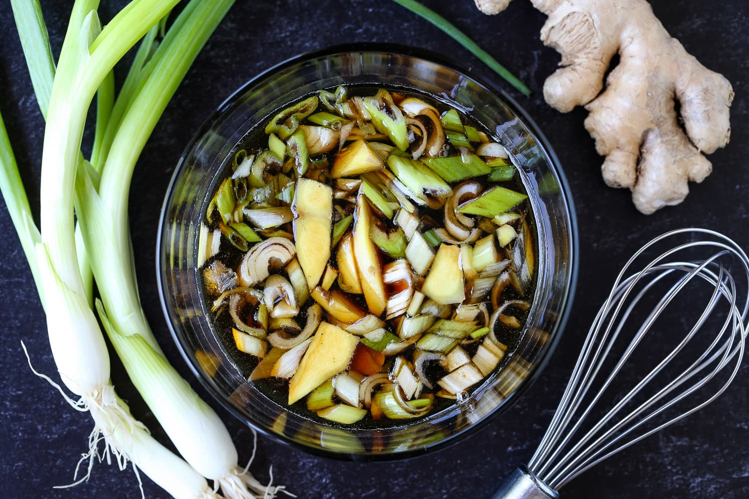 teriyaki marinade in bowl with scallions and ginger