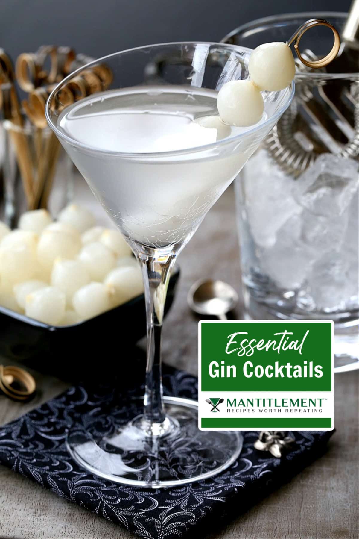 gin martini with onions and garnish in background