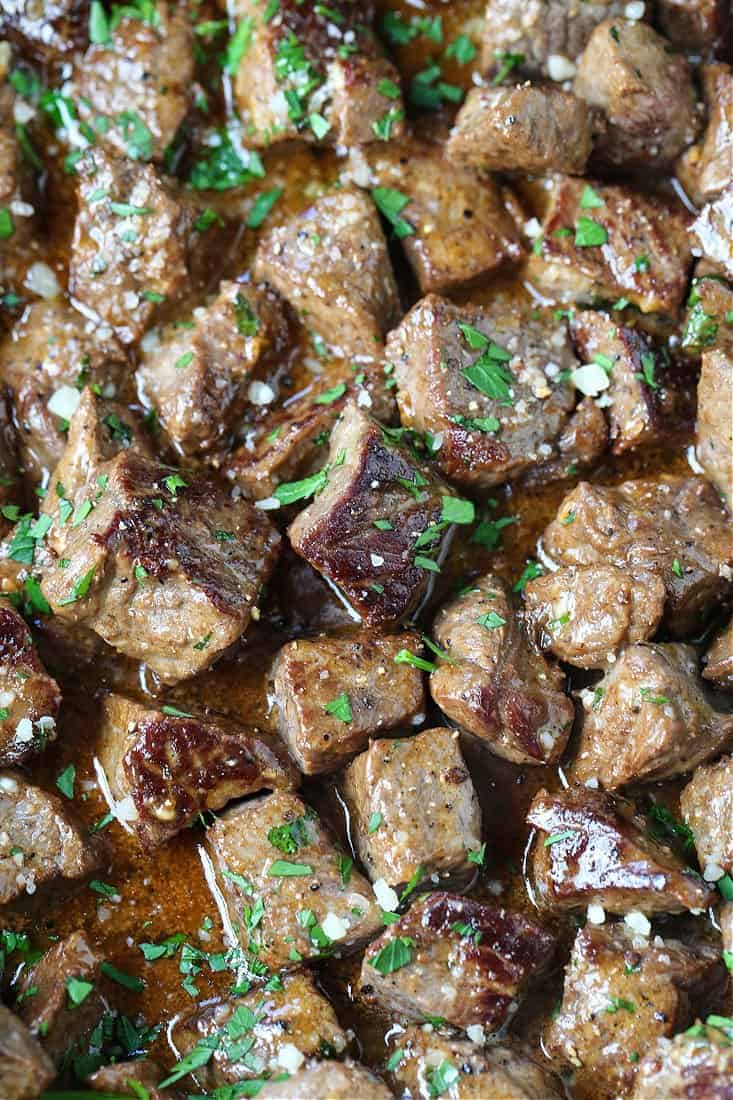 steak bites in a garlic parmesan butter sauce