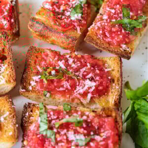 platter of Spanish tomato bread with basil