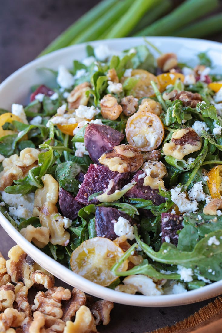 arugula salad with feta, beets, walnuts and tomatoes