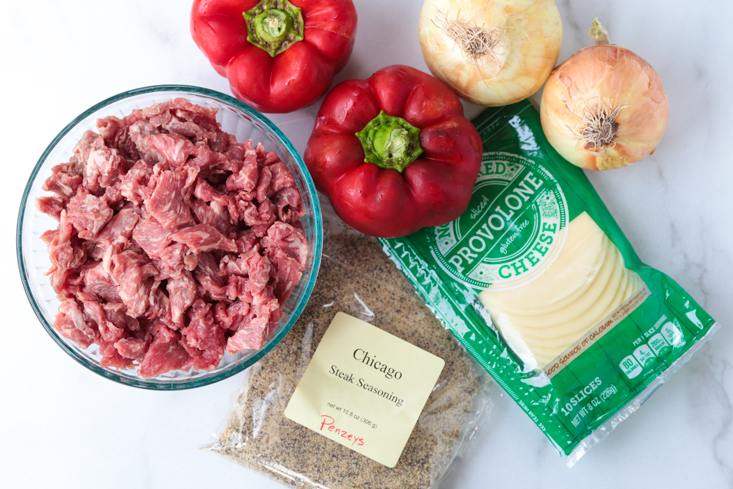 ingredients for making steak sandwiches with cheese