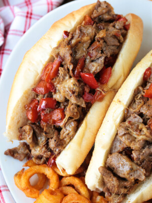 steak sandwich with peppers and cheese