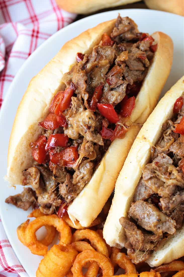 steak sandwich with peppers and cheese