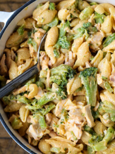 broccoli cheese pasta with chicken in a pot