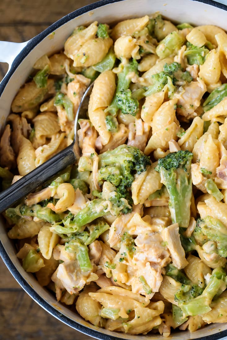 broccoli cheese pasta with chicken in a pot