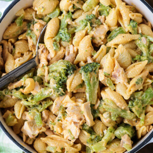 chicken broccoli pasta in a white pot with spoon