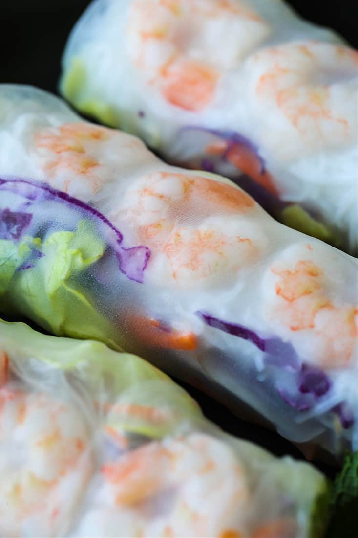 Shrimp Spring Rolls are so light and fresh – making them at home is easier than you think! Serve with our addicting peanut sauce for dipping! Shrimp Spring rolls close up on a plate
