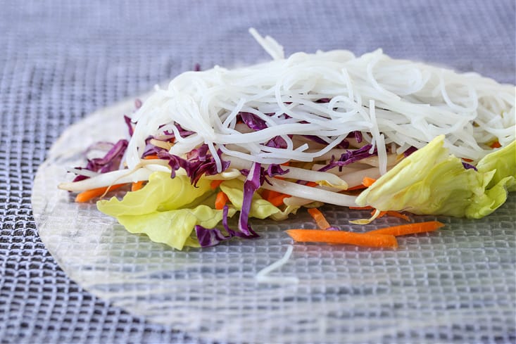 Shrimp Spring Rolls are so light and fresh – making them at home is easier than you think! Serve with our addicting peanut sauce for dipping! the inside of a spring roll on a towel