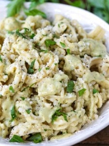 pasta on a white plate with zucchini pasta sauce