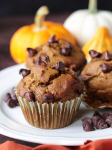 pumpkin chocolate chip muffins on a plate with pumpkin in background