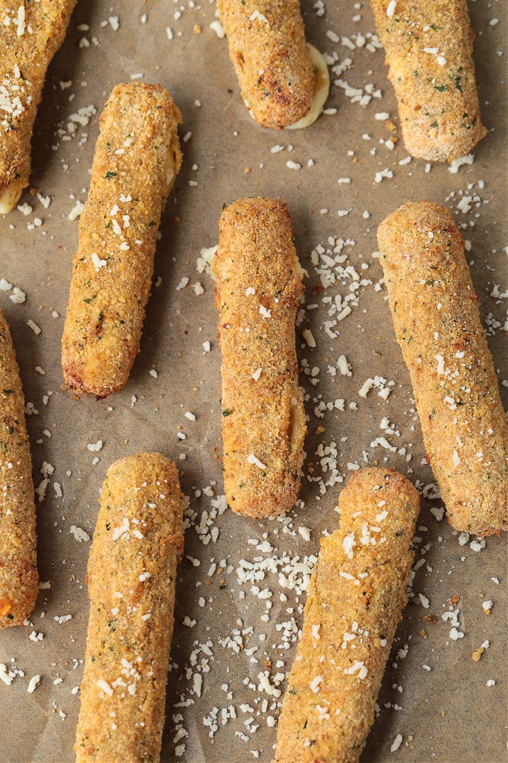 air fryer mozzarella sticks on parchment