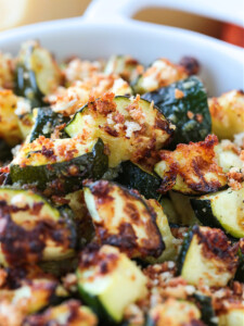 A close up of air fryer zucchini in an oven dish