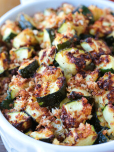 A close up of air fryer zucchini in an oven dish