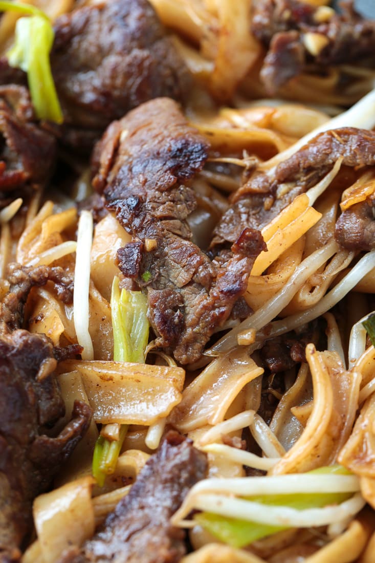 Close up of a plate of beef chow fun