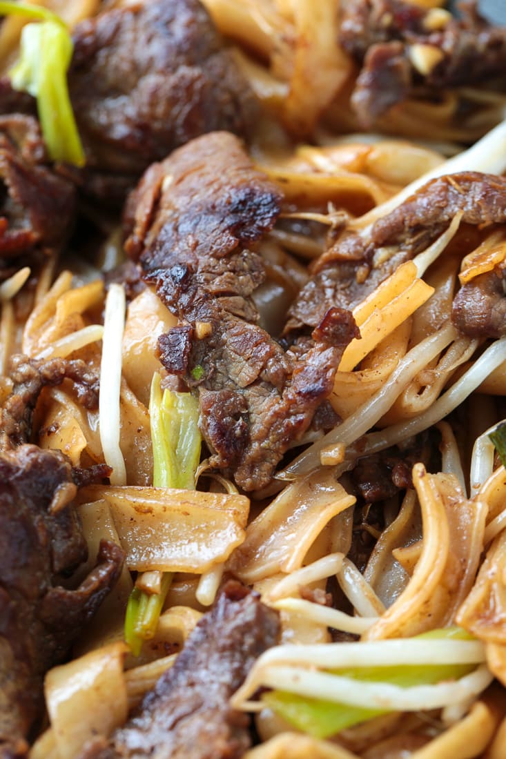 This beef chow fun recipe is a classic Chinese takeout dish, with marinated flank steak, green onions, rice noodles, and bean sprouts. Close up of a plate of beef chow fun