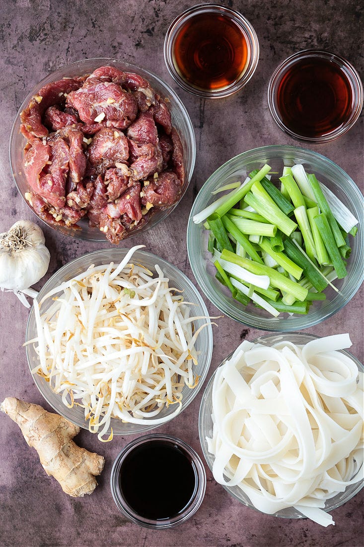 Overhead view of a bowl of raw, marinated strips of beef, a bowl of been sprouts, a bowl of scallions, a bowl of rice noodles, a head of garlic, a piece of ginger, a bowl of oyster sauce, a bowl of soy sauce, and a bowl of Shaoxing wine