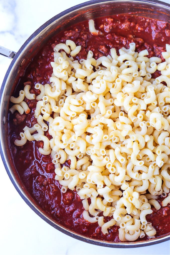 meat sauce and pasta in skillet