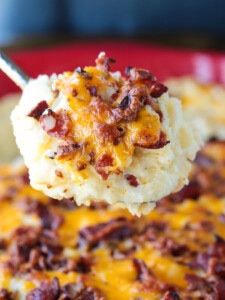 spoonful of mashed potatoes with cheese and bacon