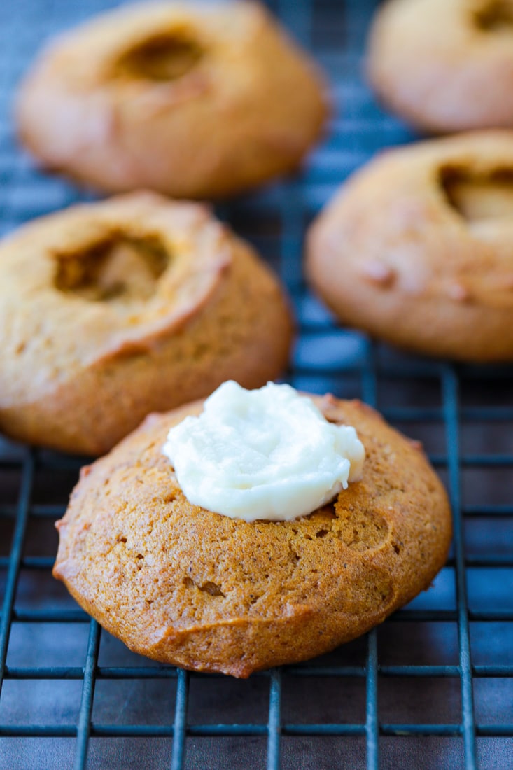 pumpkin thumbprint cookies on wire rack