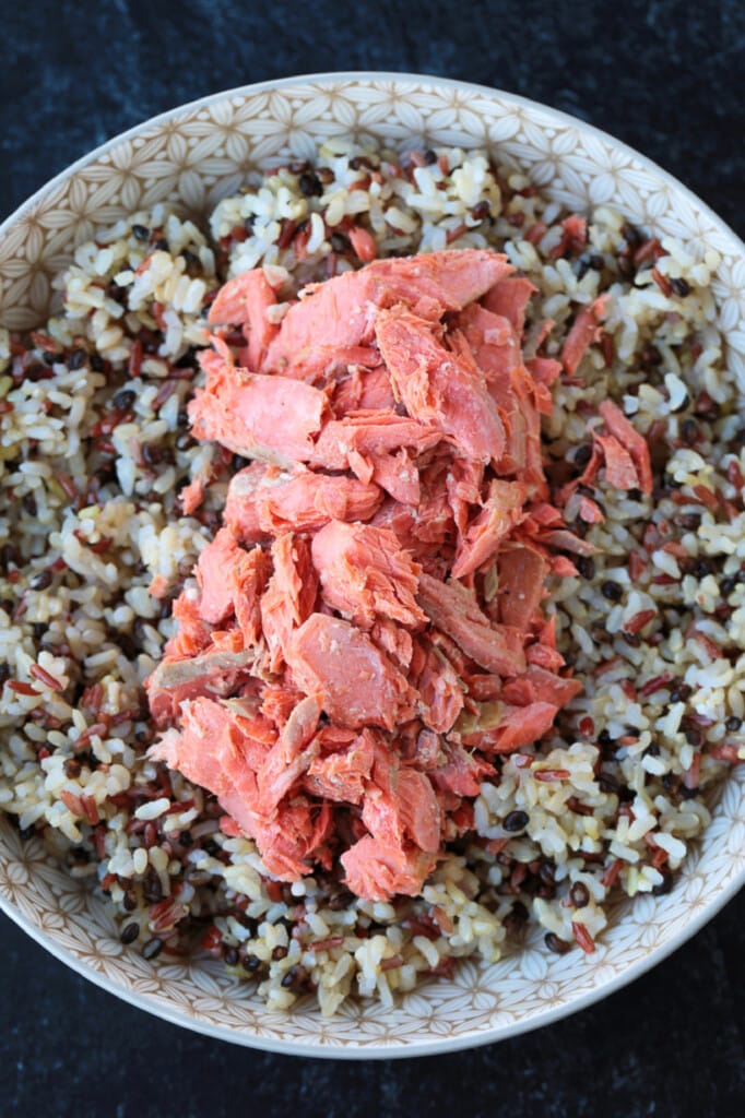 flaked salmon in a bowl with rice