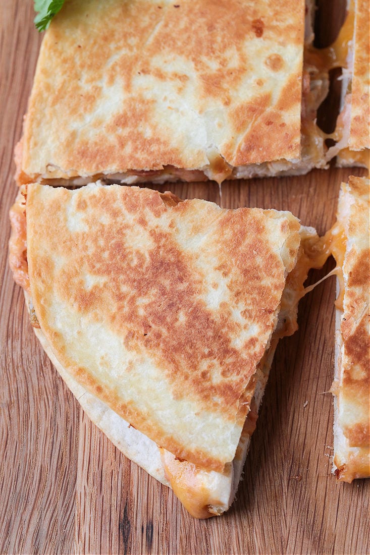 Close up of a quarter of a chicken quesadilla