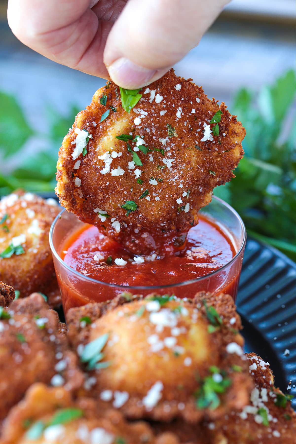 This fried ravioli recipe is crispy on the outside and soft and cheesy on the inside! Dip in marinara sauce for an addicting party appetizer! dipping a fried ravioli into marinara sauce