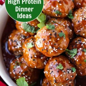 teriyaki meatballs with high protein dinner ideas graphic