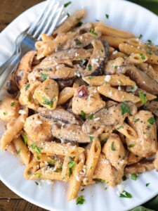 pasta da vinci on a white plate with fork