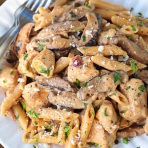 pasta da vinci on a white plate with fork