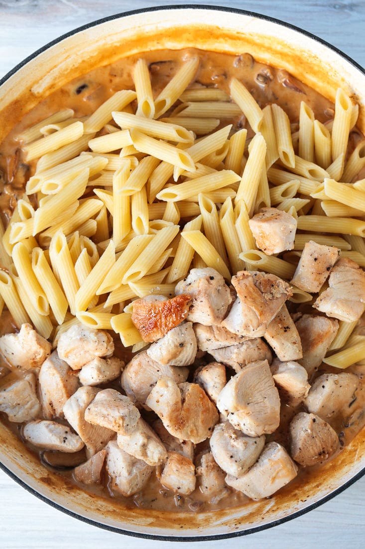 A pot with a cream-based pasta sauce, with a pile of cooked penne pasta and chicken breast on top