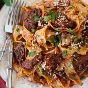 A plate of short rib ragu with pappardelle, topped with parsley and parmesan cheese, with a fork