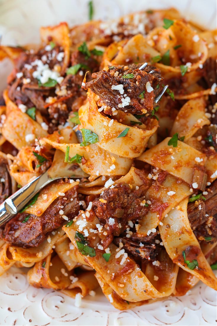 Close up of a plate of short rib ragu with pappardelle, with noodles twirled around a fork