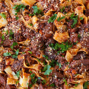 A pot of short rib ragu and pappardelle noodles, topped with parmesan cheese and parsley