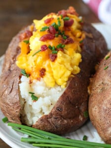 baked potatoes stuffed with eggs, cheese and bacon